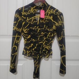 Sheer Thong Black & Yellow Script Long-Sleeve Bodysuit